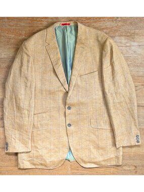 Vintage Mens Plaid 100% Linen Blazer Size 46R Golden Brown/Blue Sport Jacket